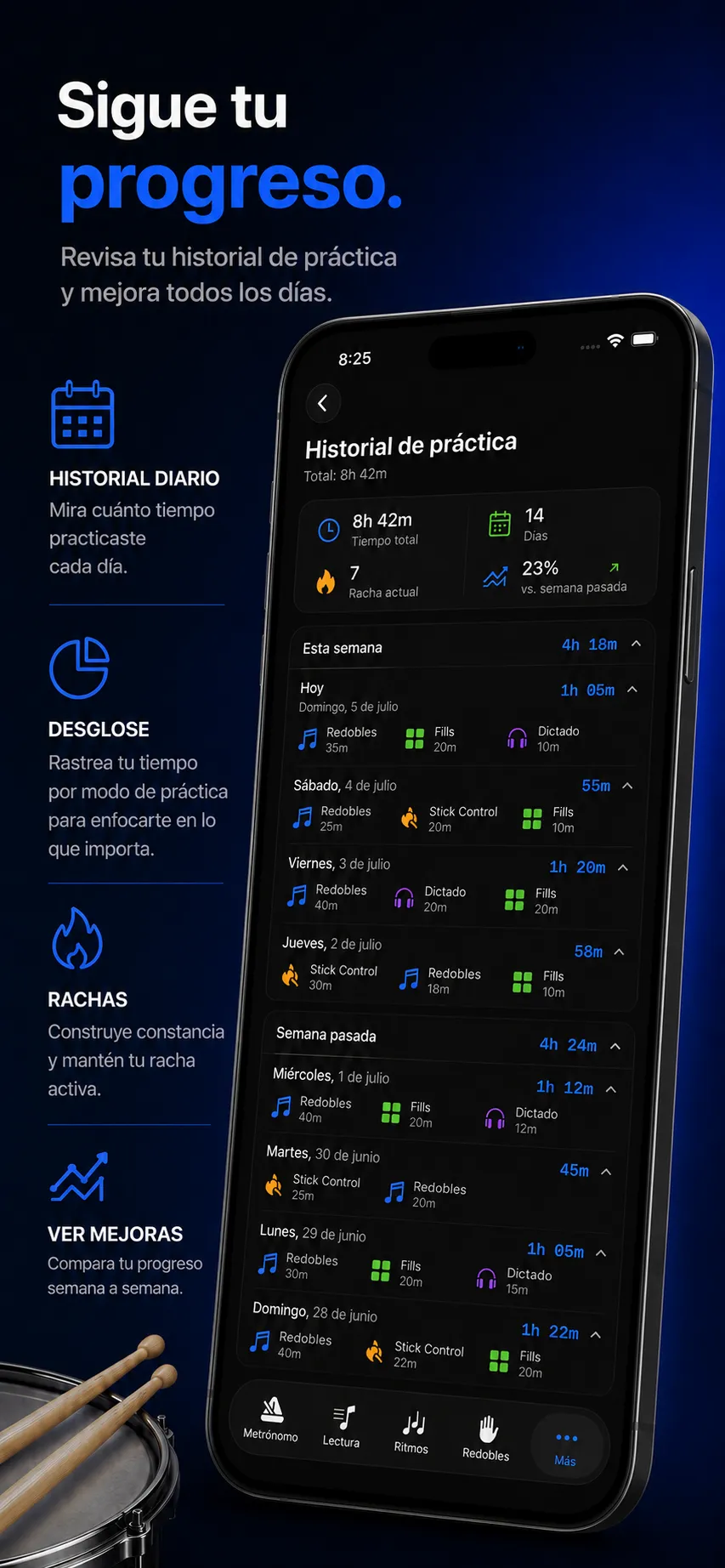 Pantalla de progreso de Drum Coach en español